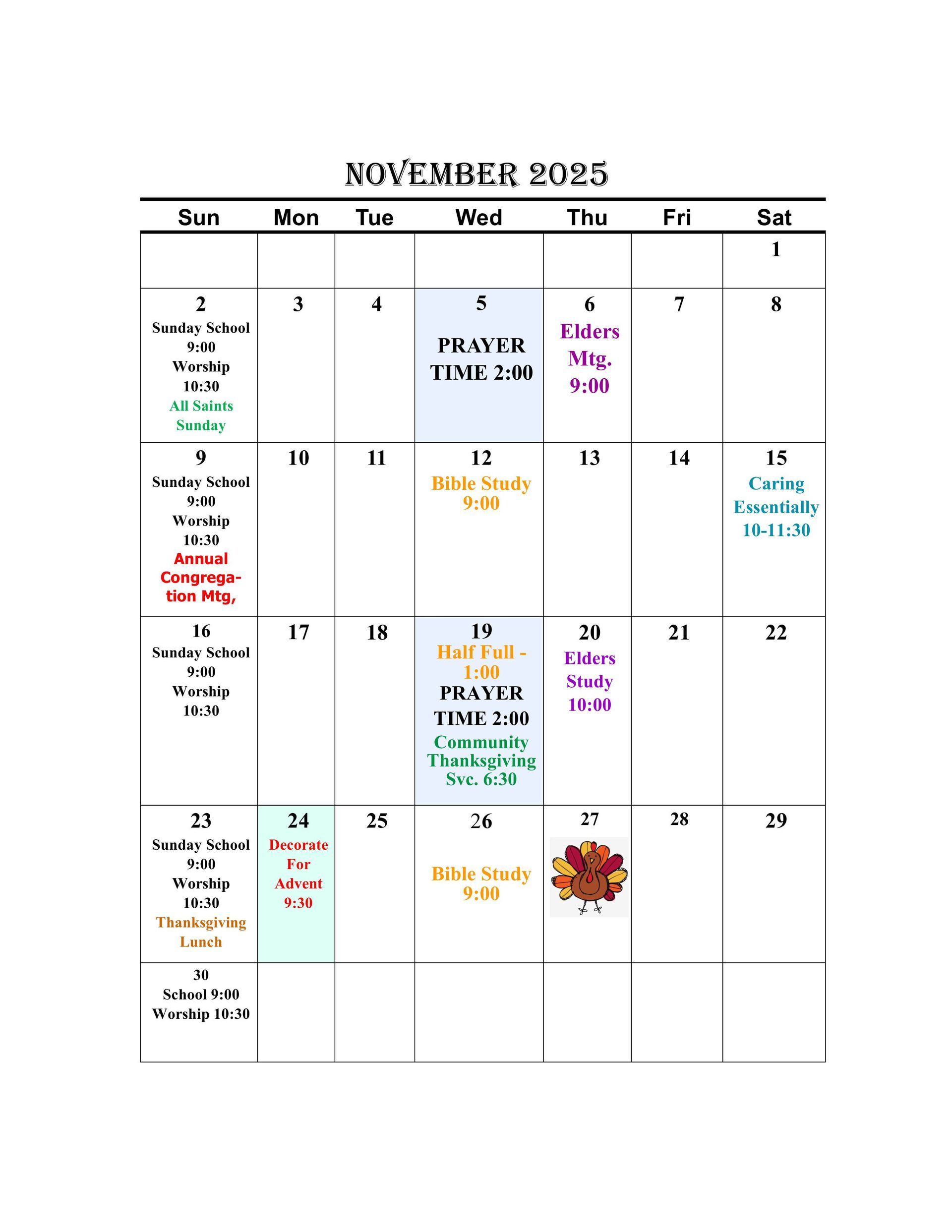 October 2025 calendar. Events marked in blue, pink, and yellow, with dates and descriptions.