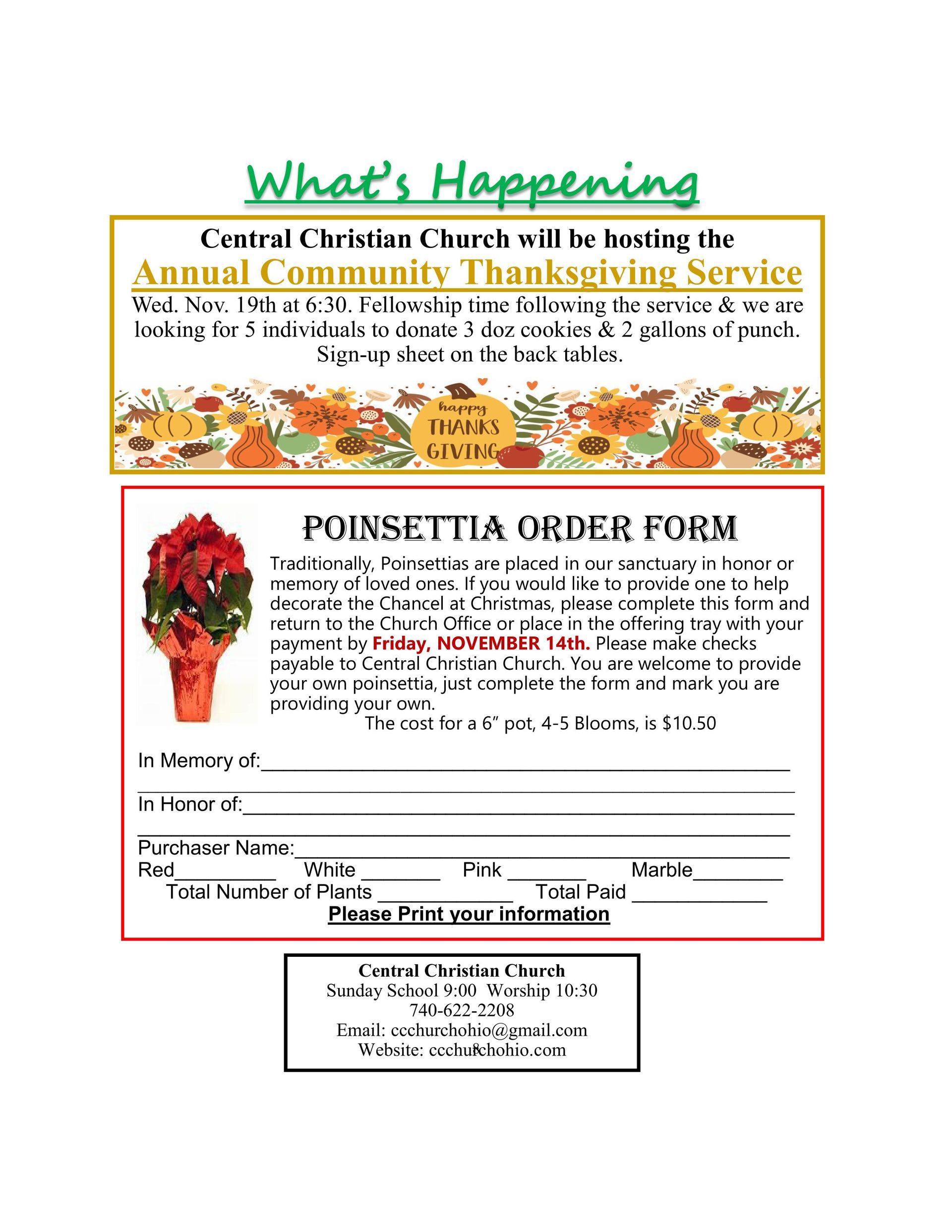 Flyer: Annual Congregational Meeting on November 9th and Coming Soon events, with baseball graphic and contact details.