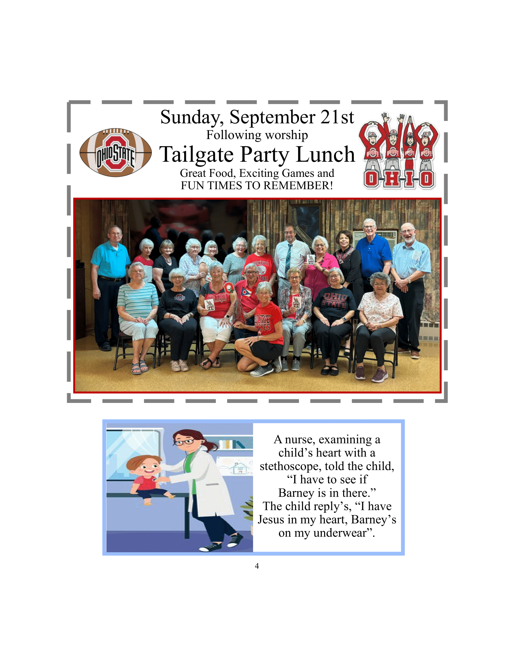 Tailgate Party lunch flyer with group photo of people, and a medical illustration.