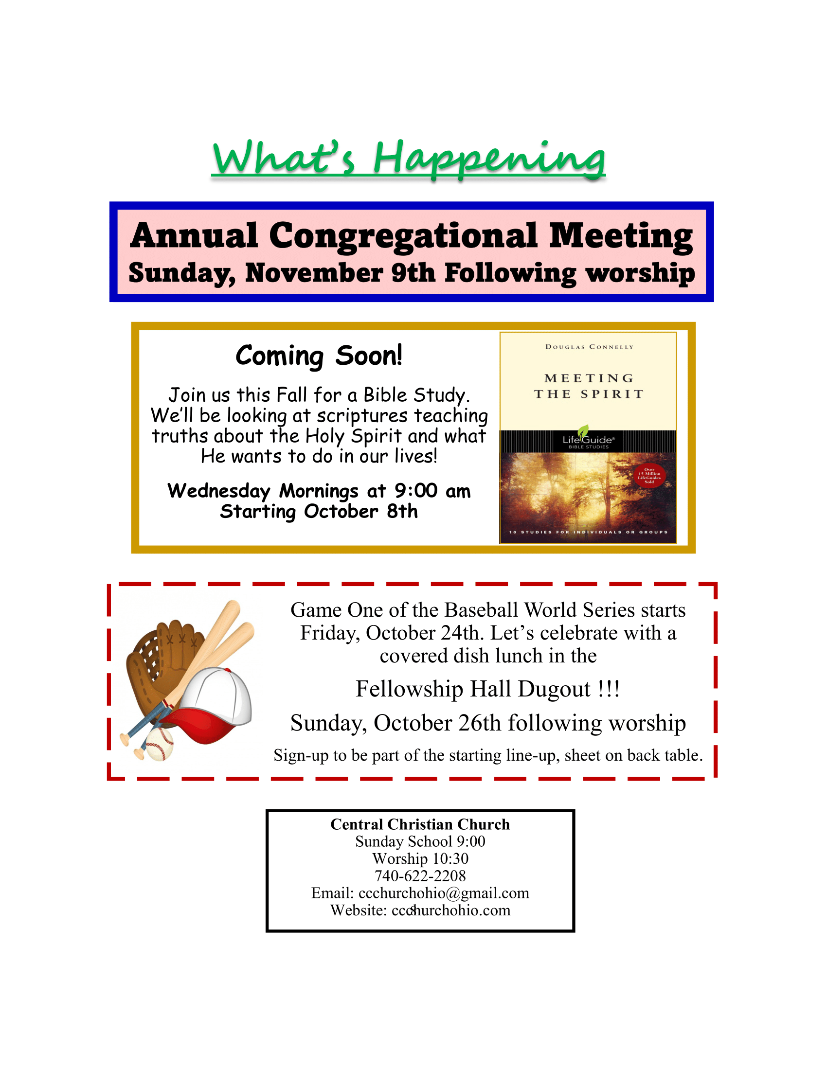 Flyer: Annual Congregational Meeting on November 9th and Coming Soon events, with baseball graphic and contact details.