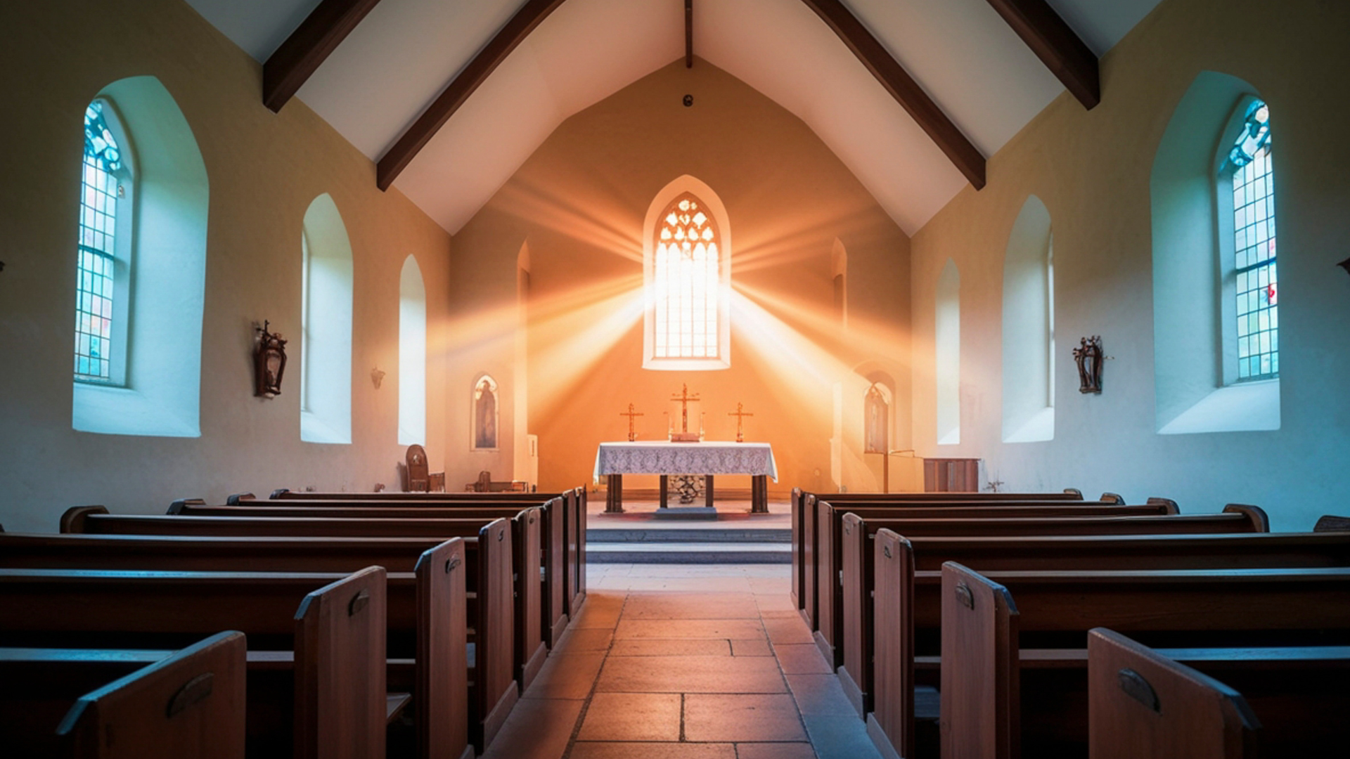 Interior of a church with stained-glass windows, beams across the ceiling, and sunlight streaming th