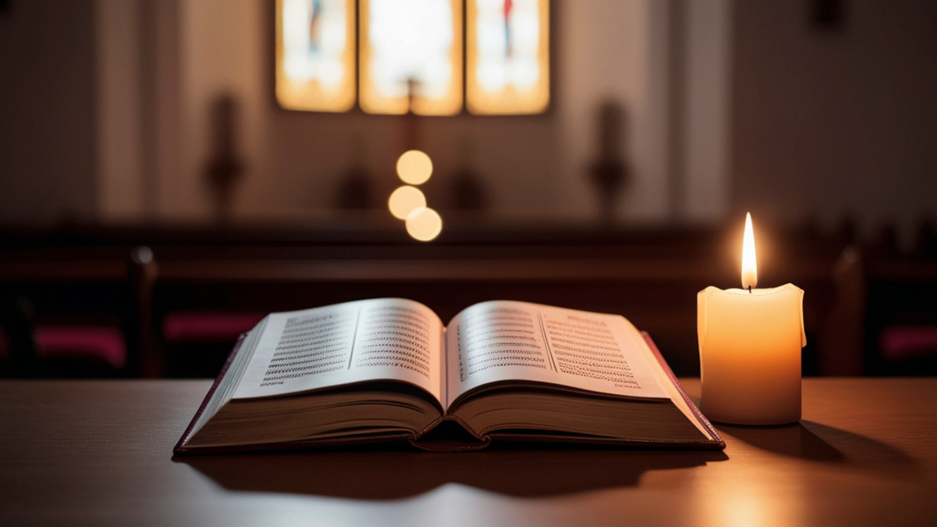 An open Bible on a table with a lit candle beside it, creating a peaceful, reflective ambiance in a church setting. Stained-glass windows softly blur in the background.