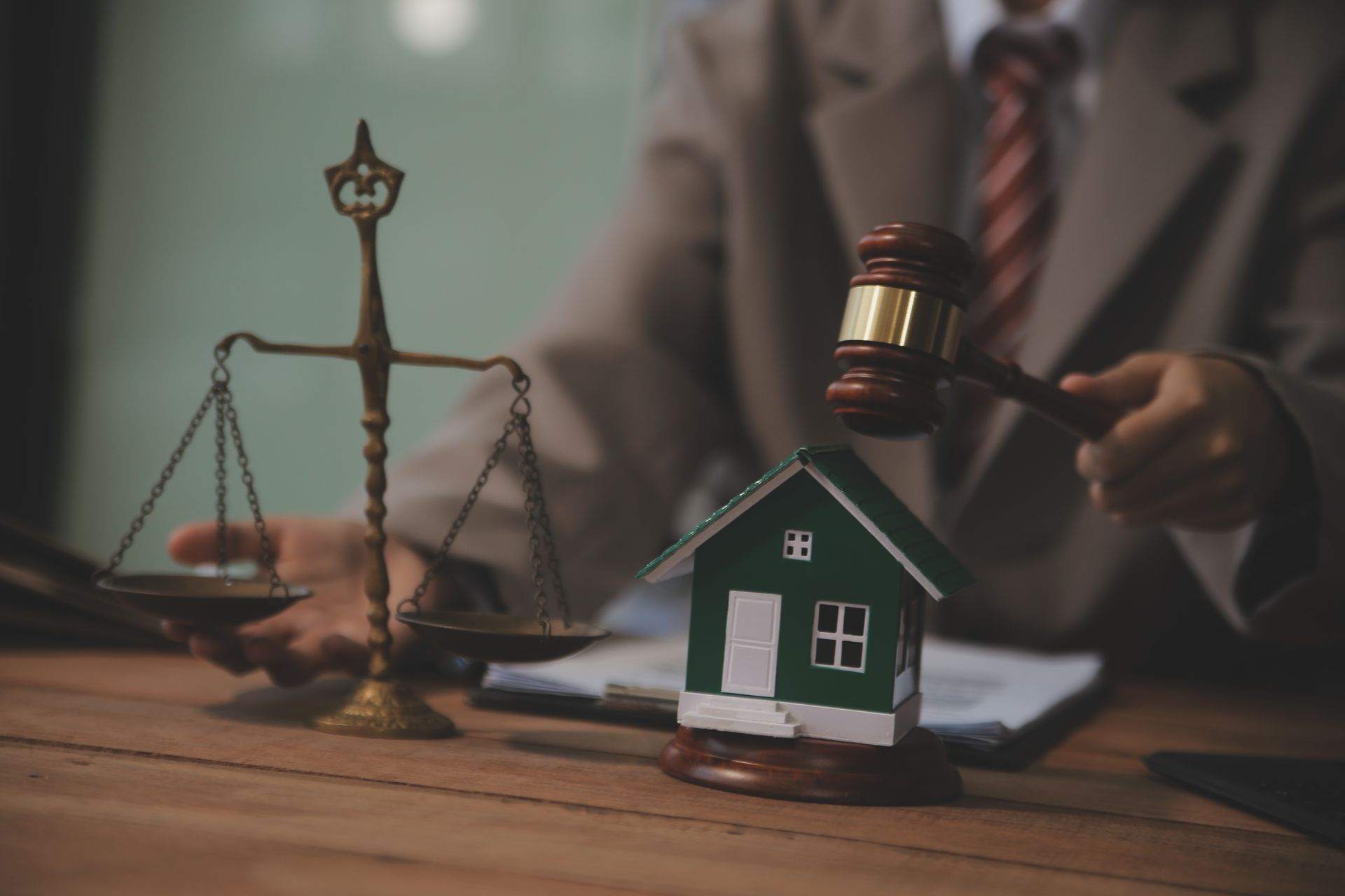 A judge is holding a gavel next to a model house and scales of justice.