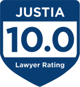 A blue shield with the words `` justia 10.0 lawyer rating '' on it.