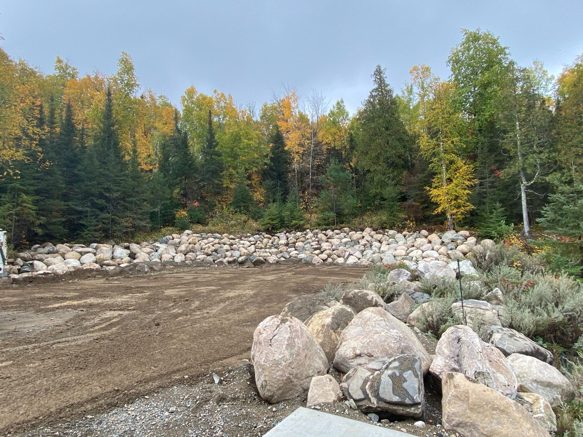 A large pile of rocks is sitting on top of a dirt road in the middle of a forest.