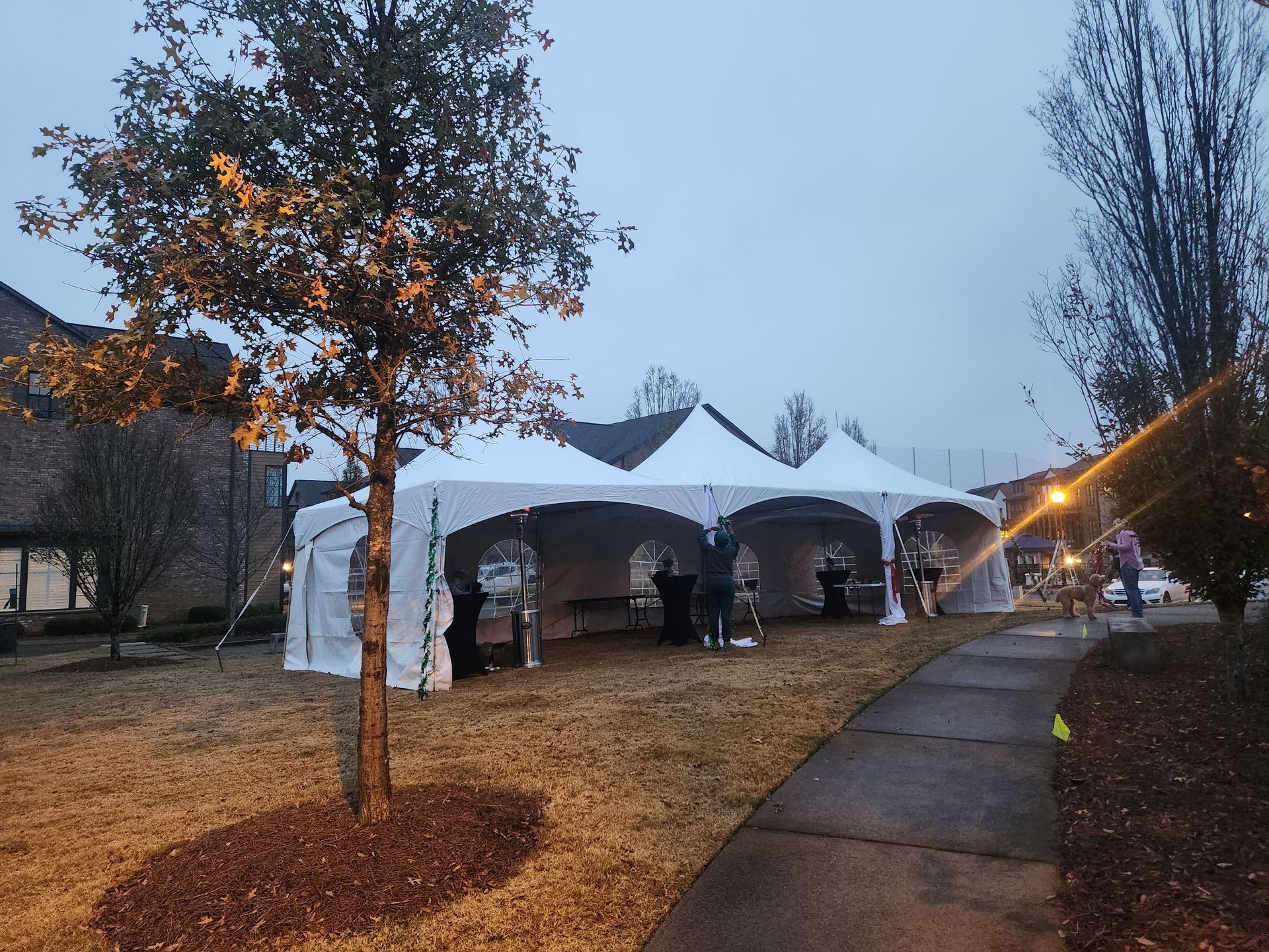 A group of tents are set up in a yard next to a sidewalk.