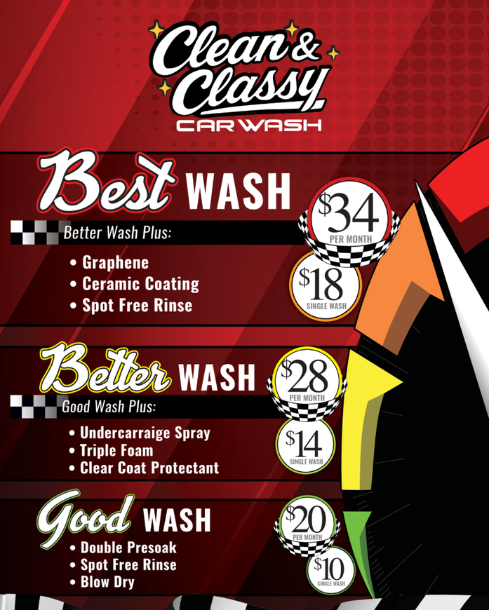 Choose Your Shine! Car Wash Menu
From our quick Good Wash to the ultimate Best Wash with ceramic and graphene protection — every option delivers a powerful, 100% touch-free clean that keeps your ride looking classy.