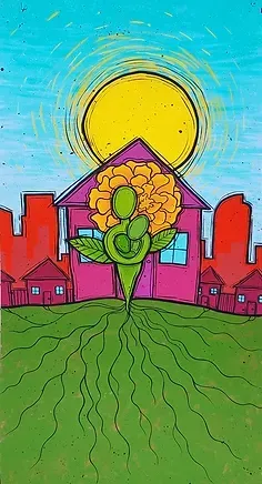 A painting of a house with a flower in front of it.