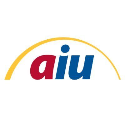 Logo for American InterContinental University, text "aiu" in red and blue under a yellow arc.