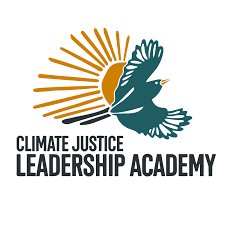 The logo for the climate justice leadership academy shows a bird flying in front of a sun.