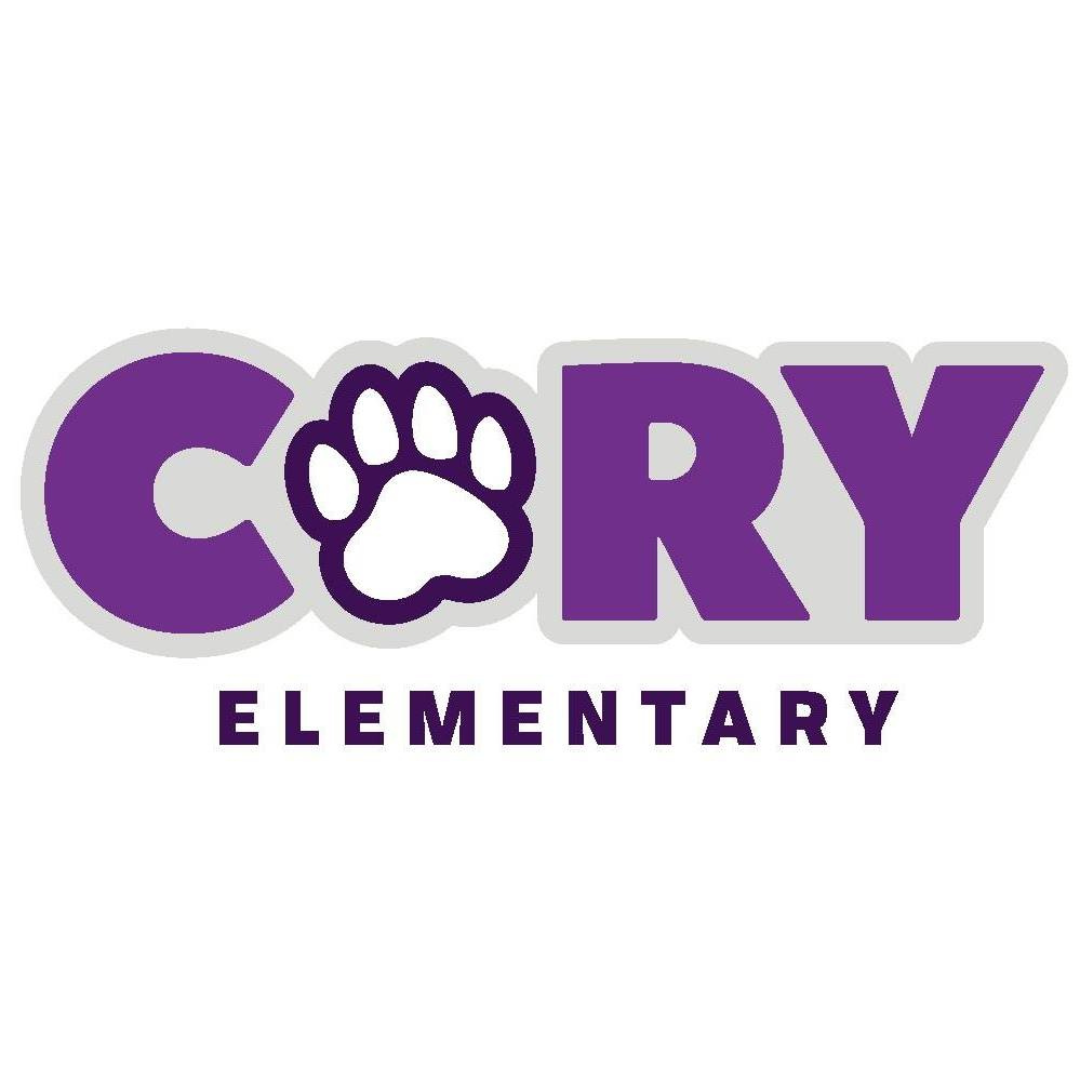 The logo for cory elementary school has a paw print on it.