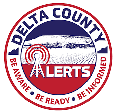 A logo for delta county alerts that says be aware be ready be informed