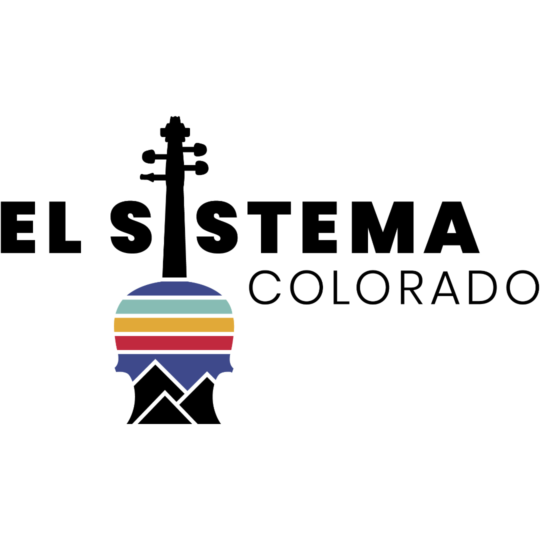 A logo for el sistema colorado with a body of the stylized string instrument and a design resembling mountains