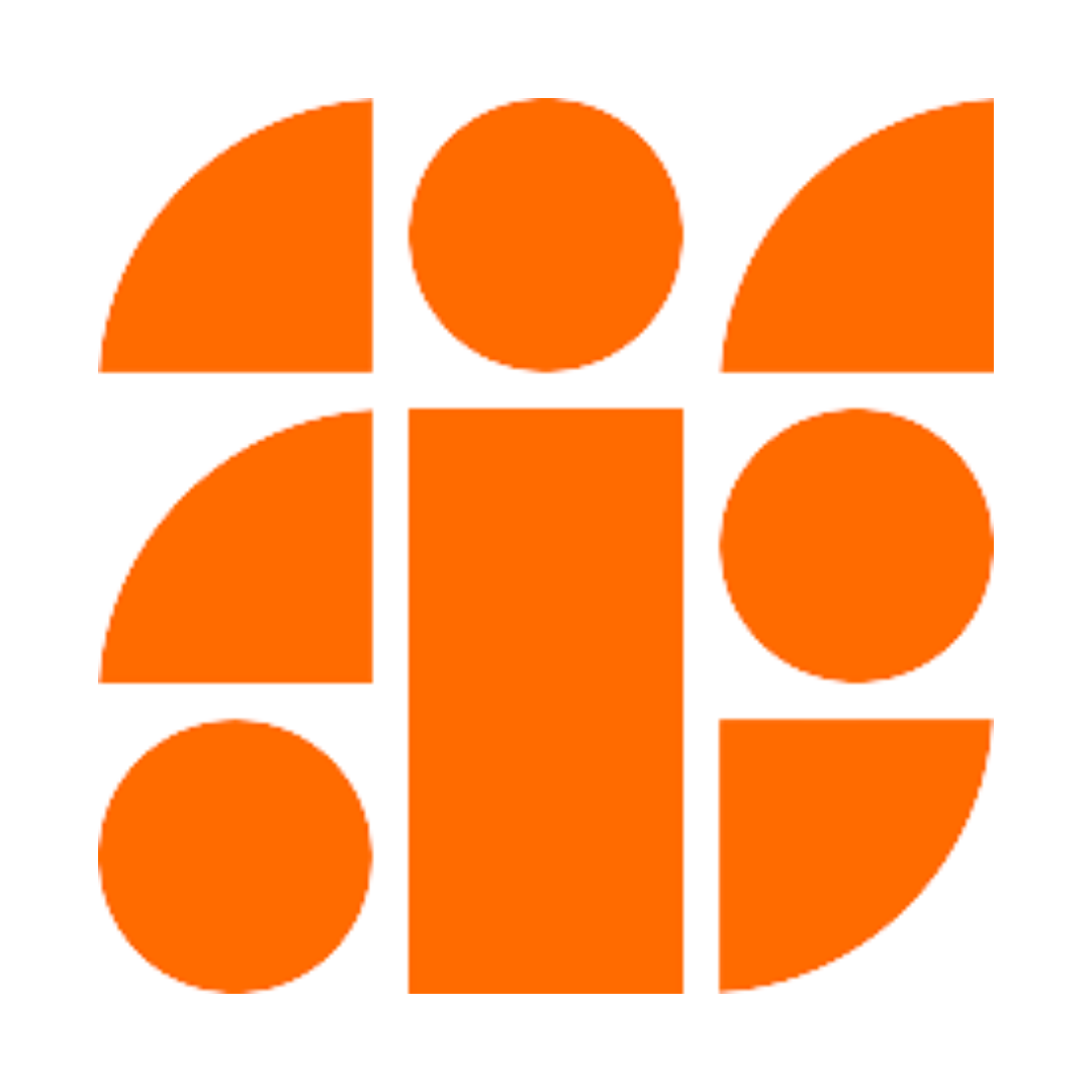 An orange logo with circles and squares on a white background