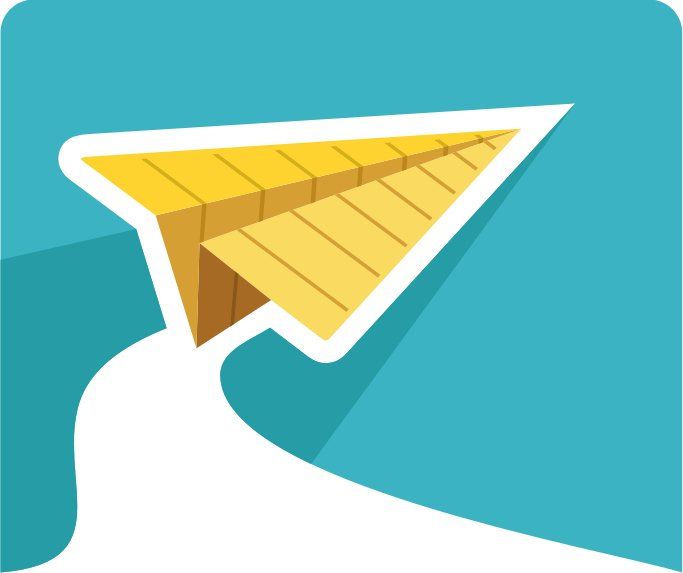 A yellow paper airplane is flying over a blue background