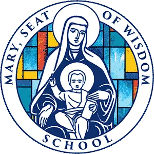 Mary seat of wisdom school logo with a stained glass background