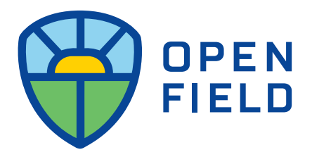 The logo for open field is a shield with a sun in the middle.