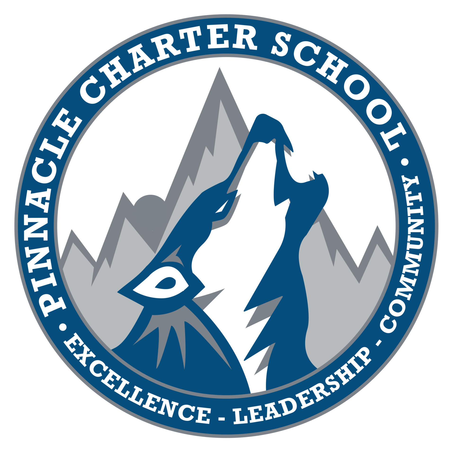 The logo for pinnacle charter school shows a wolf howling at the top of a mountain