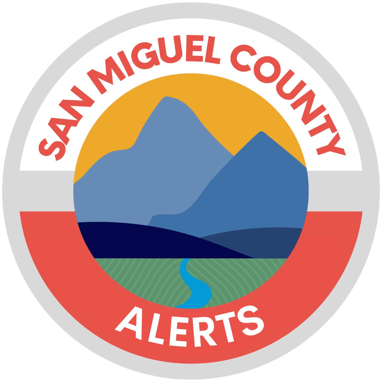 A logo for san miguel county alerts with mountains and a river