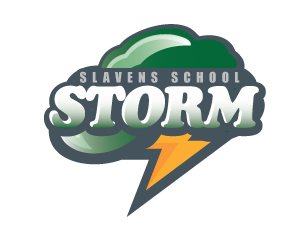 Slavens school storm logo with a lightning bolt in the middle