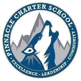 The logo for pinnacle charter school shows a wolf howling at the top of a mountain.
