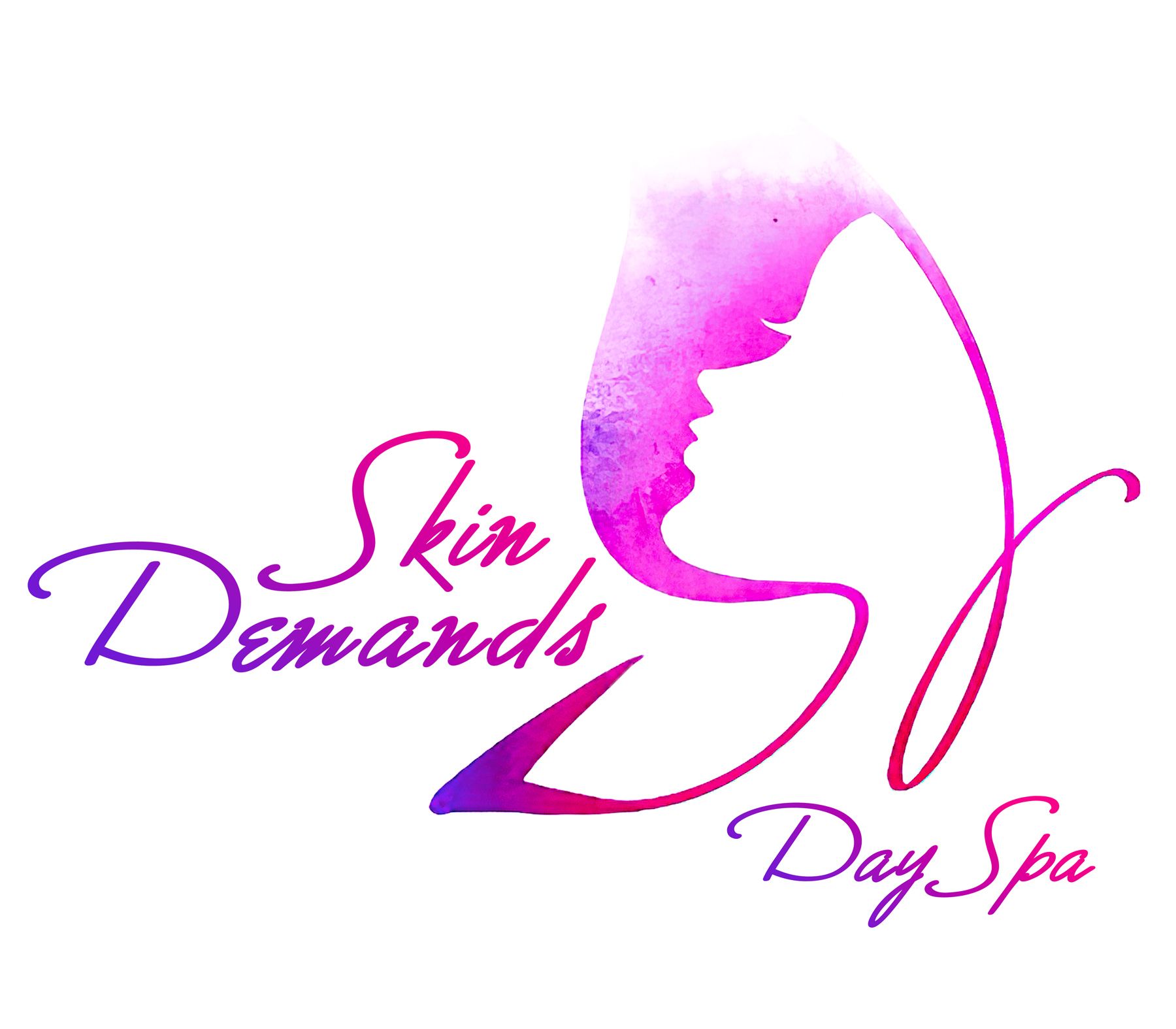 a logo for skin demands day spa with a silhouette of a woman 's face .