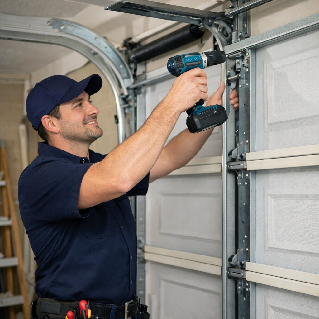 Man in blue shirt and cap uses a power drill on a garage door track.