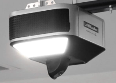 LiftMaster garage door opener with integrated camera and bright LED light.