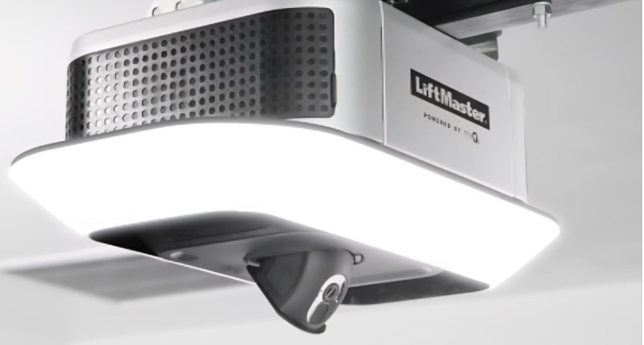 LiftMaster garage door opener with integrated camera and bright LED light.