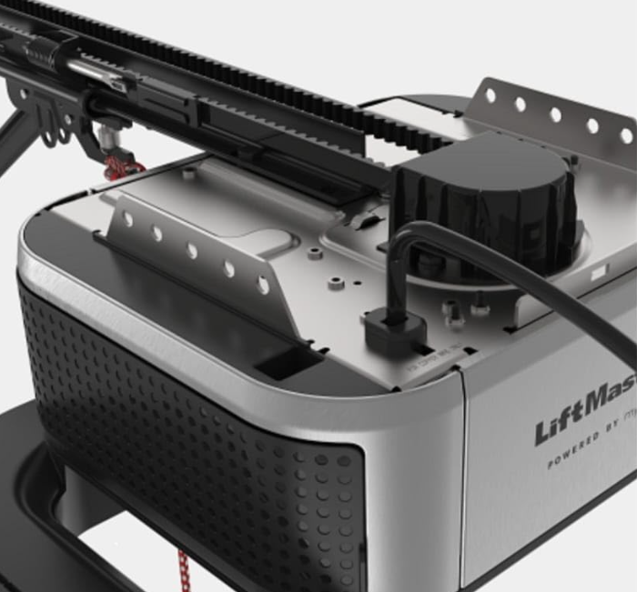 LiftMaster garage door opener unit, silver with black accents, belt drive mechanism visible.