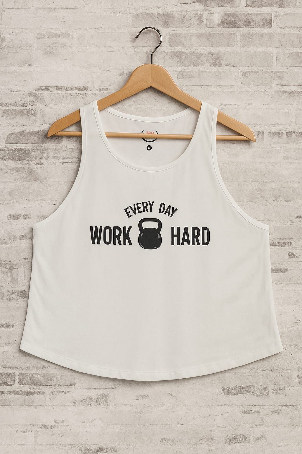 Top corto blanco en una percha de madera con el texto 