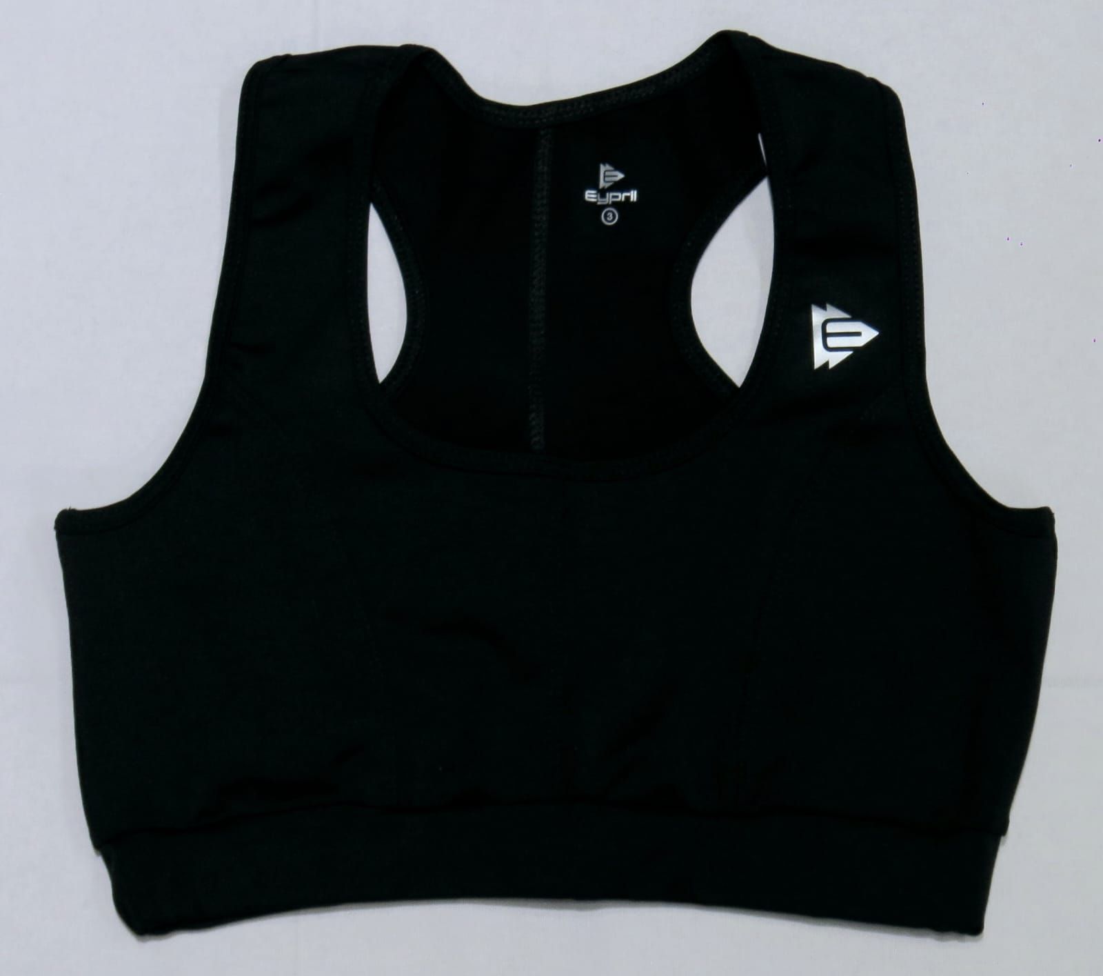 Sujetador deportivo negro con cremallera y logo.