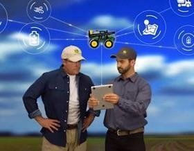 two men with tablet and connectivity illustration
