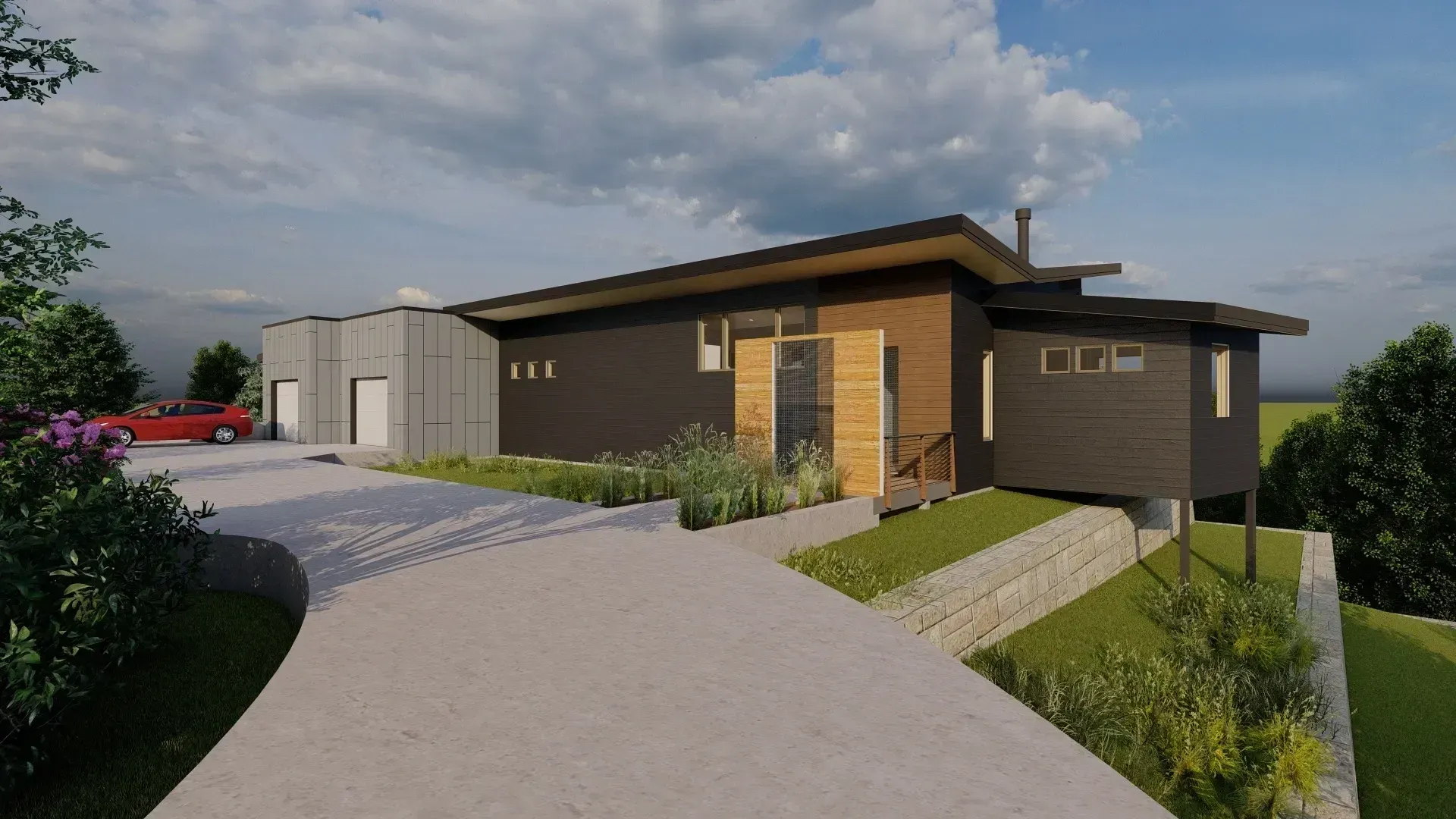 Modern black house with wood accents, driveway, and garage on a hillside.