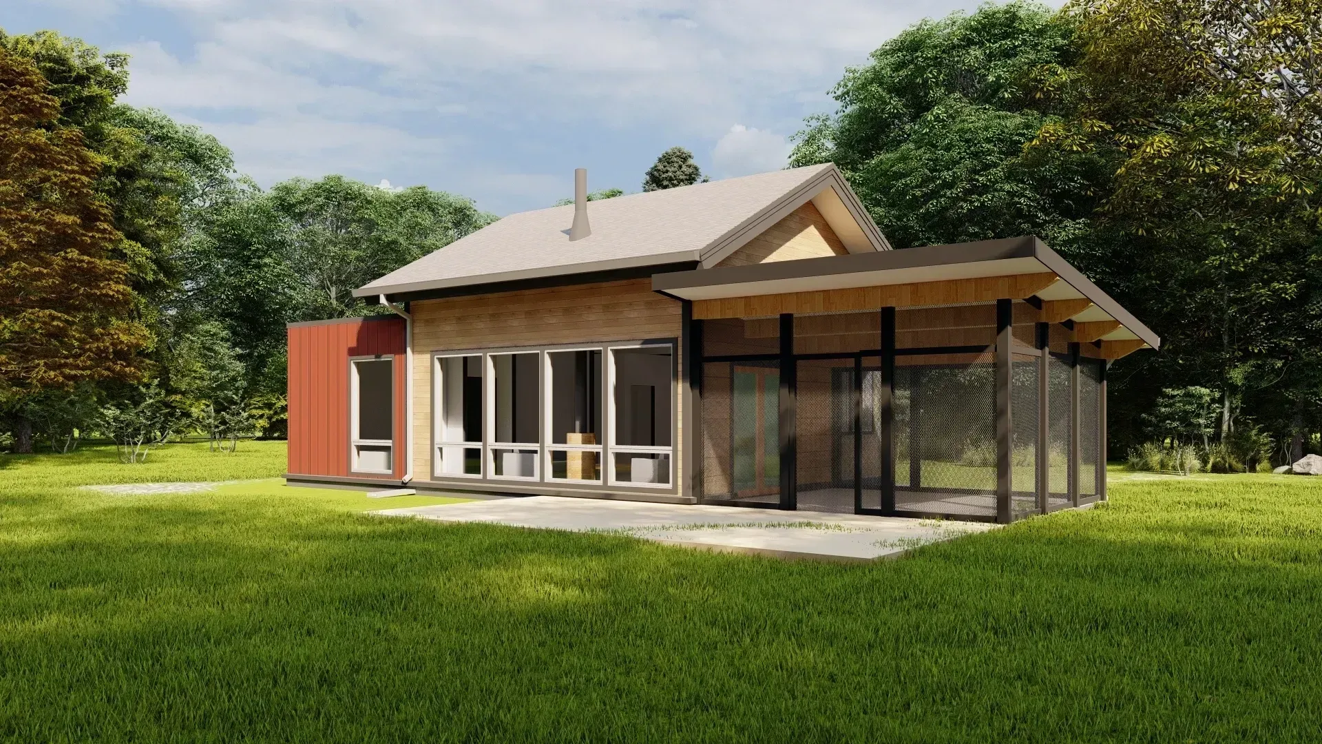 Modern house with beige walls, large windows, and a covered porch. Set in a grassy yard surrounded by trees.