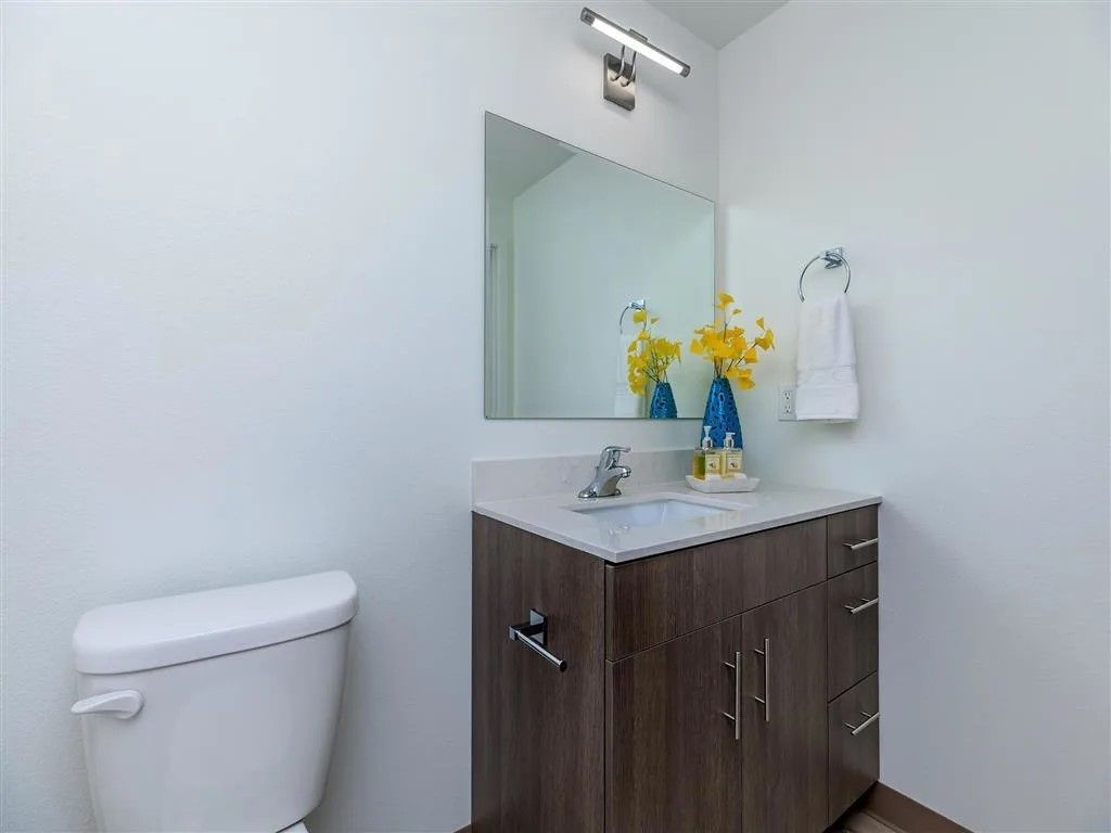 Bathroom with toilet, vanity, mirror, towel rack, and yellow flowers in a vase.