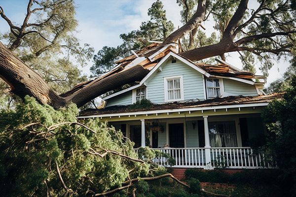 Tree fallen on a light blue house, damaging roof. Front porch visible.