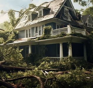 Damaged blue house with white trim, covered in fallen trees and debris after a storm.