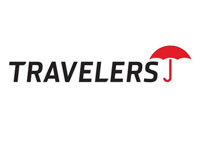 Travelers insurance logo with black text and a red umbrella.