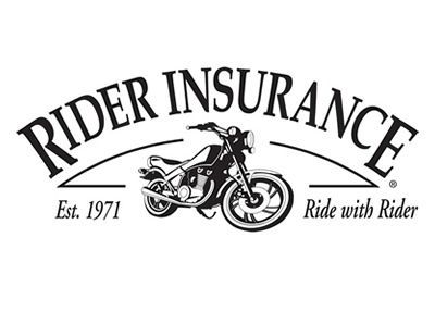 Rider Insurance logo with motorcycle, black and white, text:
