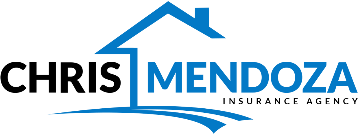 Chris Mendoza Insurance Agency logo: Blue house graphic, black "CHRIS", blue "MENDOZA" text.