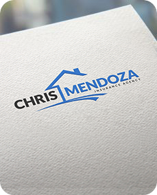 Logo for Chris Mendoza Insurance Agency. Blue house icon, black and blue text on white paper.
