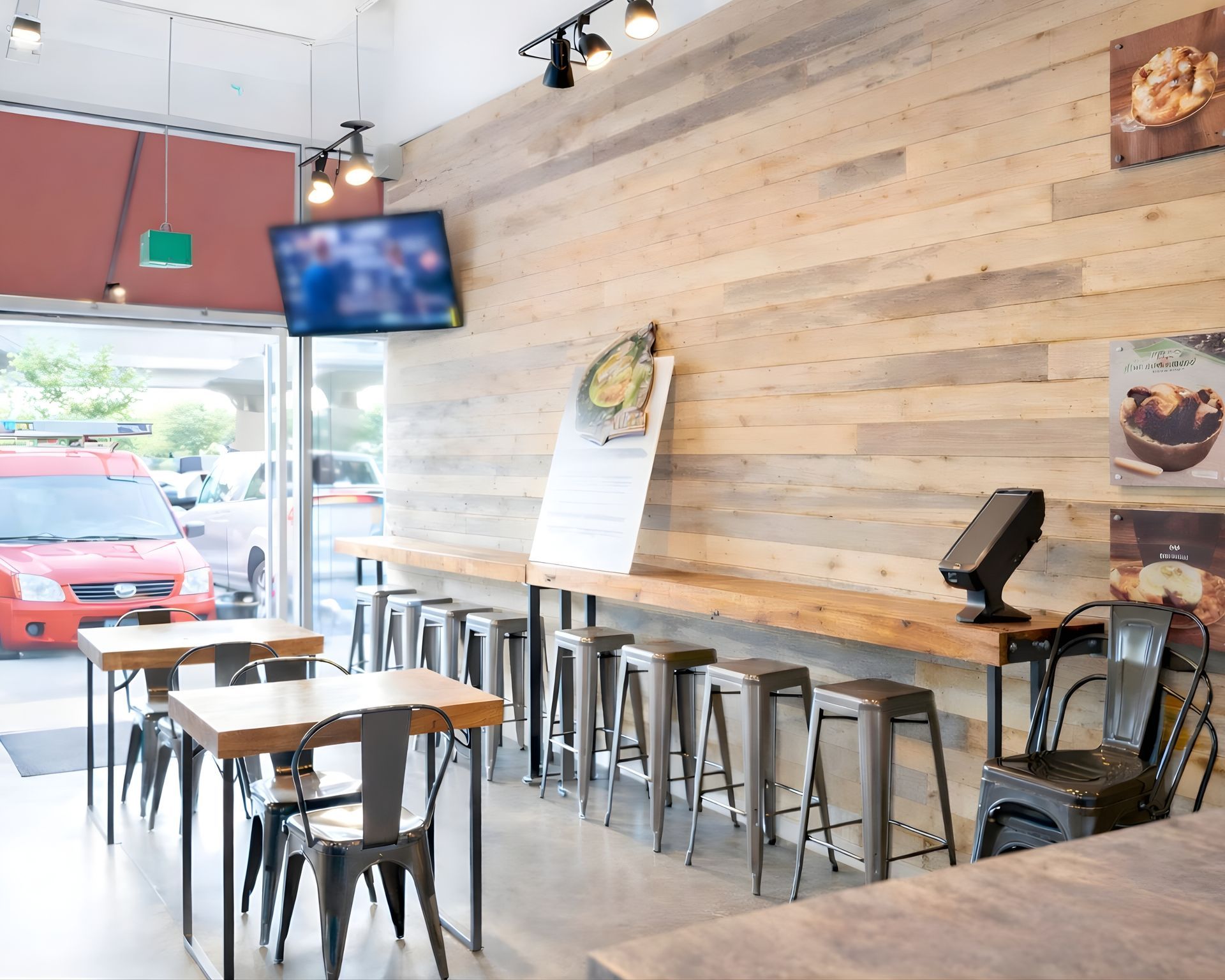 The inside of a restaurant with a tables and chairs.