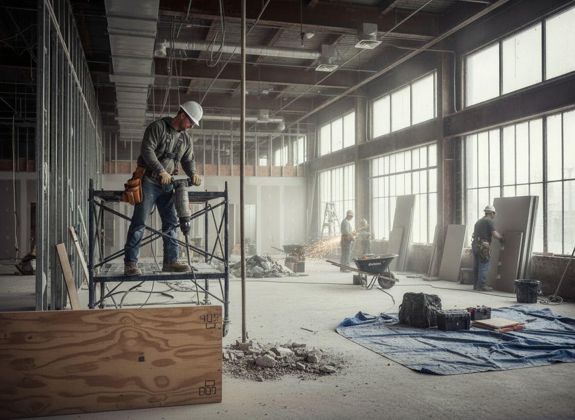 Commercial building under construction with workers inside.