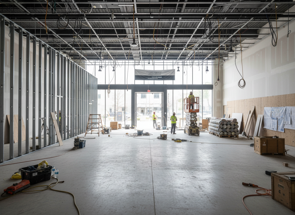 Retail space under renovation with exposed framing.