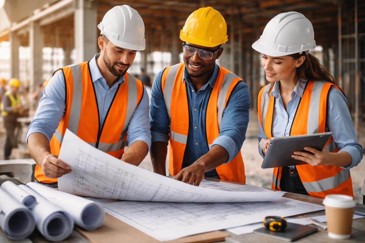 Construction team reviewing architectural plans on site.