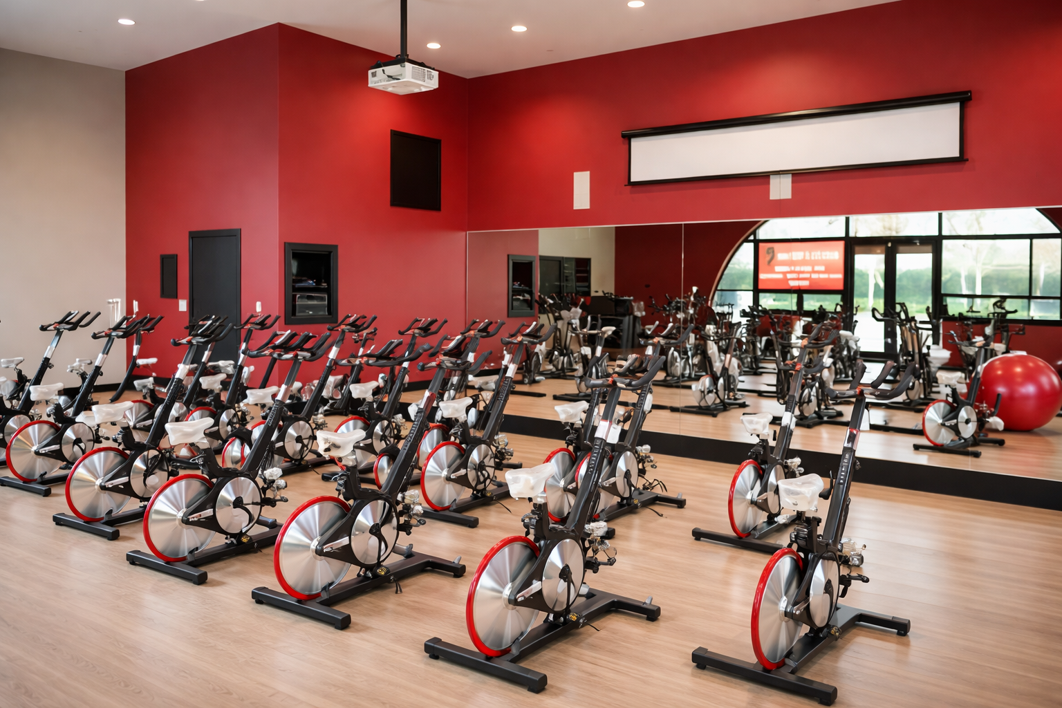 A row of exercise bikes are lined up in a gym.