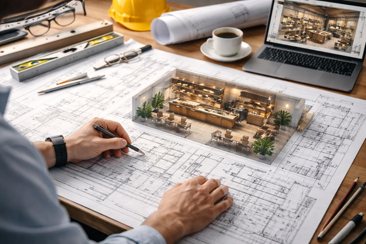 Architect reviewing construction blueprints and 3D building model.