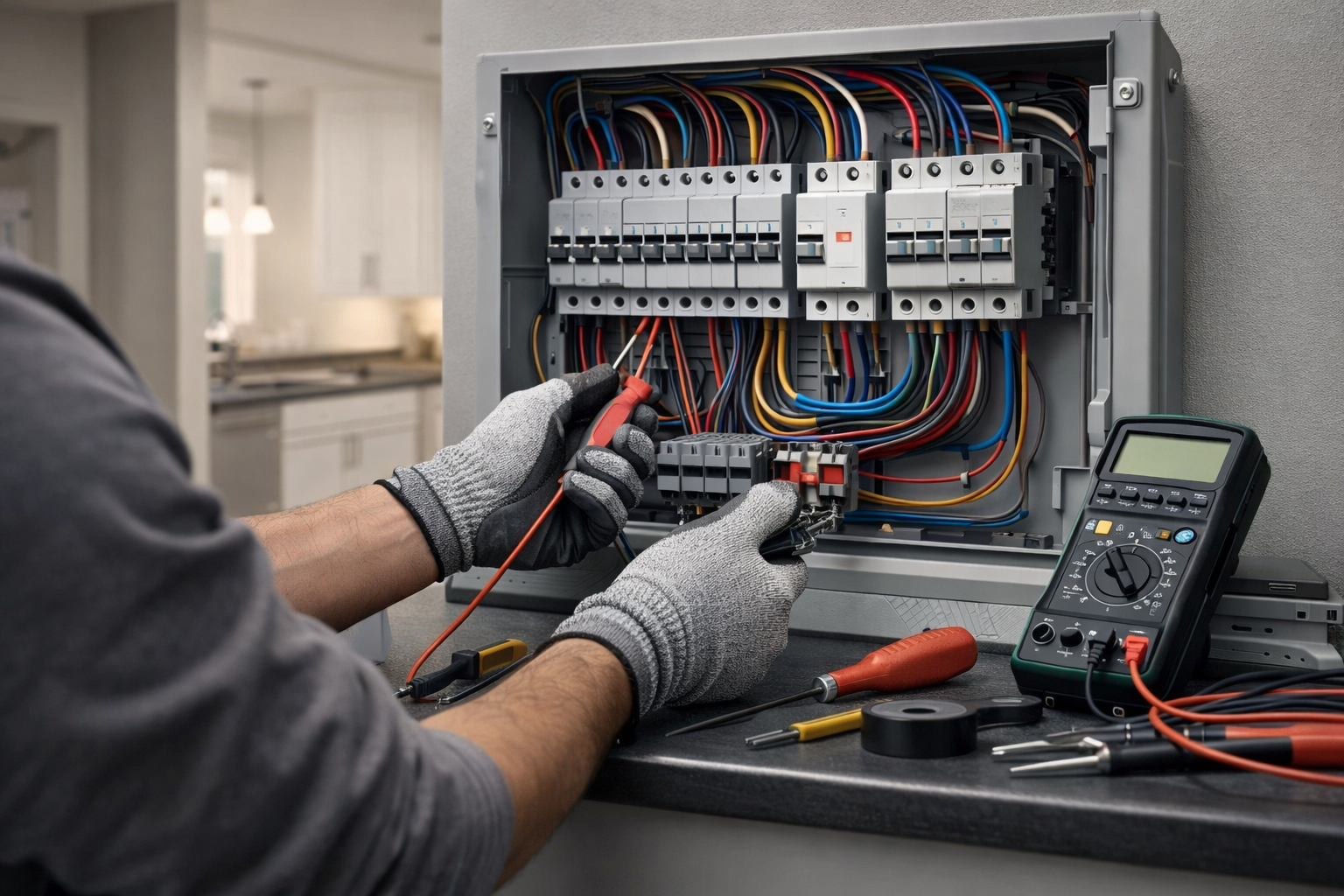 Electrician testing a home electrical panel during residential repair service.