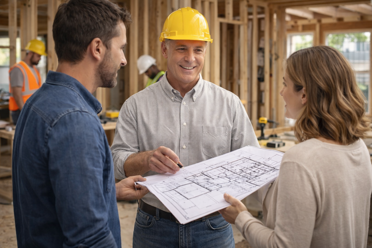 Contractor discussing construction plans with clients.